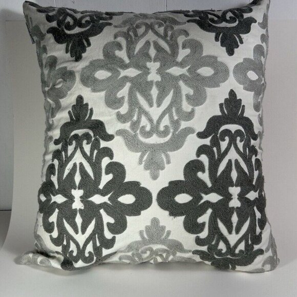 Urban barn Embroidery Pillow Cover 18x18 Grey White Charcoal Boho - Picture 2 of 10